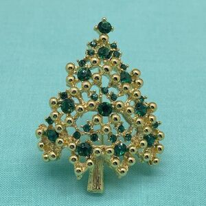 Vtg Signed Eisenberg Christmas Tree Brooch Gold Tone Green Rhinestones Open Work